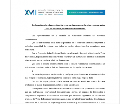 (REMPM) Declaración sobre la necesidad de crear un Instrumento Jurídico regional sobre  Trata de Personas para el ámbito americano.